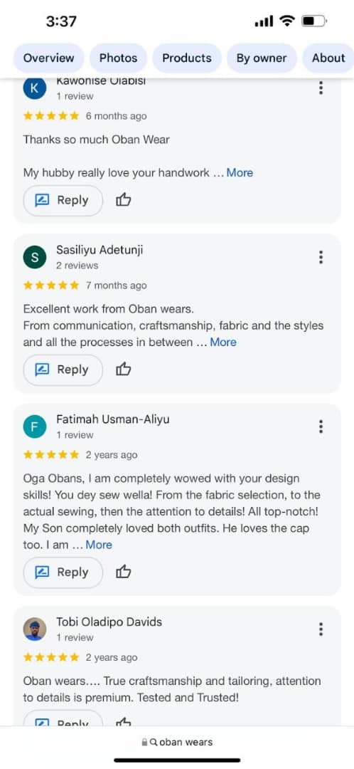 Oban Wears Google reviews